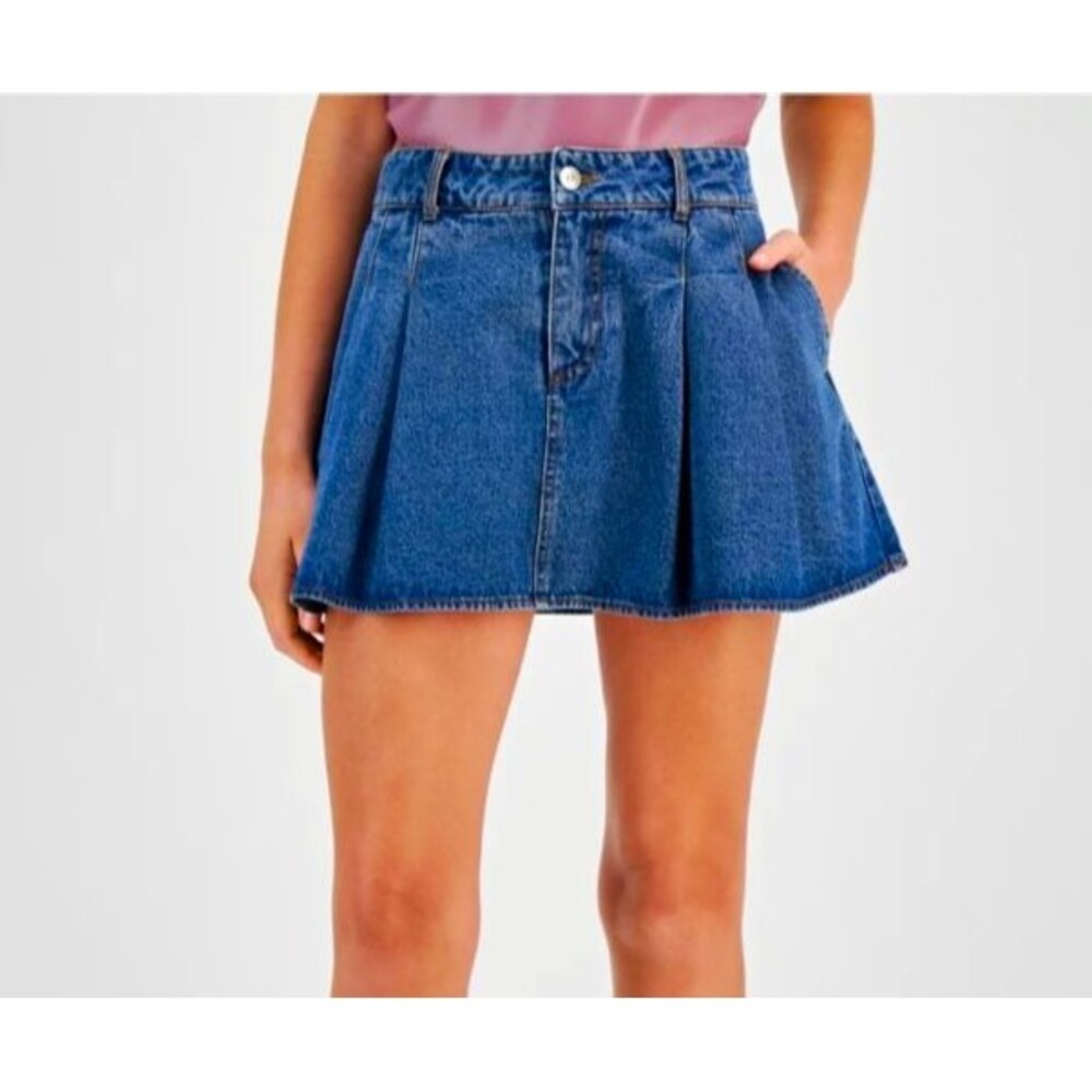 Steve Madden Marlowe Denim Pleated Mini Skort Pockets Button Closure Size 25